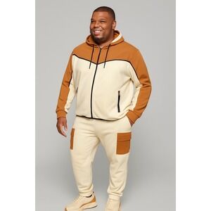 Mens Brown Tan Colorblock Full Zip‎ Hoodie Sweat Suit Sweatpants Lounge Set